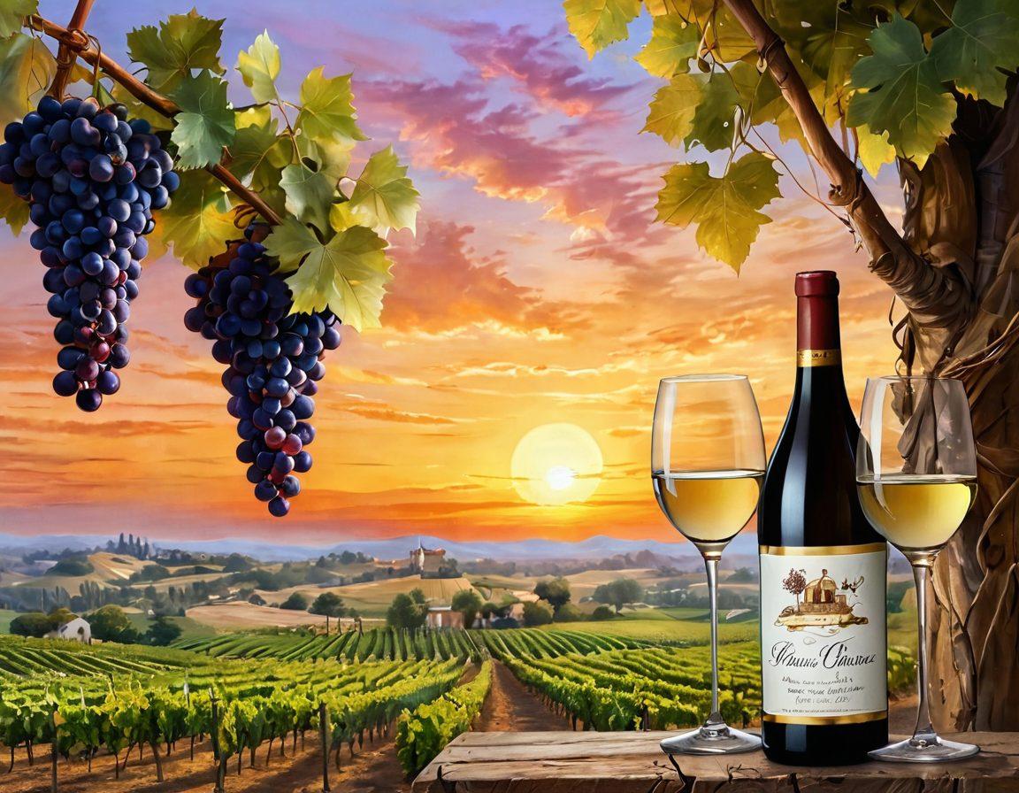 A stunning vineyard landscape during sunset, with grapes hanging from vines, sparkling wine glasses in the foreground, and a whimsical advertisement banner flowing in the breeze. Incorporate elements of creativity like brush strokes or watercolor effects, showcasing various wine bottles artistically arranged. Emphasize richness, celebration, and the journey from grape to glass. vibrant colors. painting.