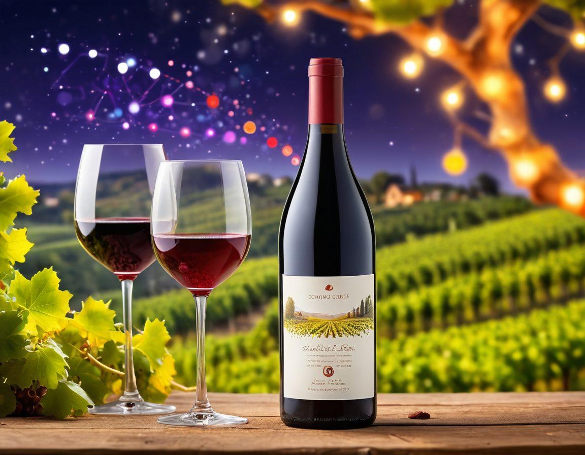 A sophisticated wine bottle surrounded by digital marketing elements like social media icons, data graphs, and vibrant wine splashes. The background features a glowing vineyard landscape with twinkling lights to symbolize creativity and innovation in marketing. The overall mood should be lively and inviting, conveying a sense of joy and luxury. super-realistic. vibrant colors. soft bokeh effect.
