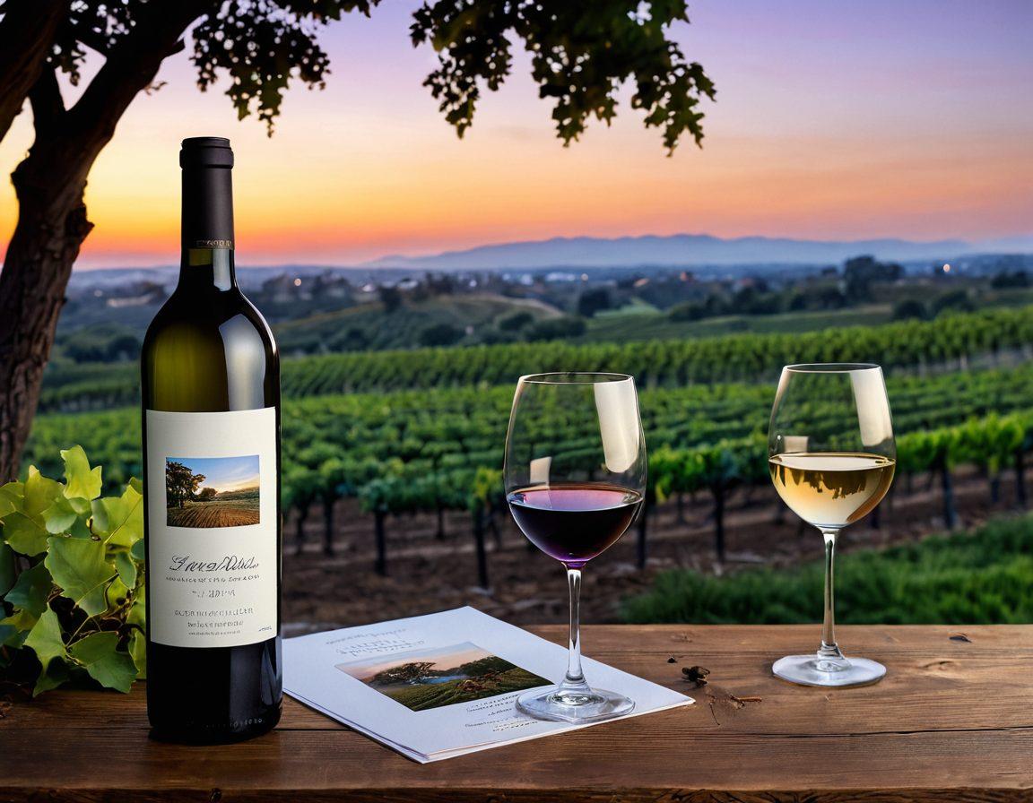 A sophisticated vineyard landscape at sunset, with lush grapevines and a stylish wine bottle featuring a bespoke label prominently displayed in the foreground. Include elements like a rustic wooden table with wine glasses half-filled, and a strategic marketing plan document artistically laid out beside the bottle. Vibrant colors capturing the warmth of the sunset, with rich greens, deep purples, and golden hues contrasting against the soft sky. super-realistic. vibrant colors.
